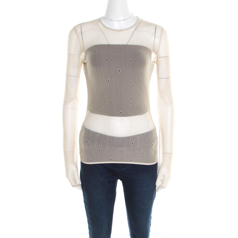 Pre Owned Max Mara Beige Stretch Nylon Mesh Eyelet Embroidered Sheer Top M