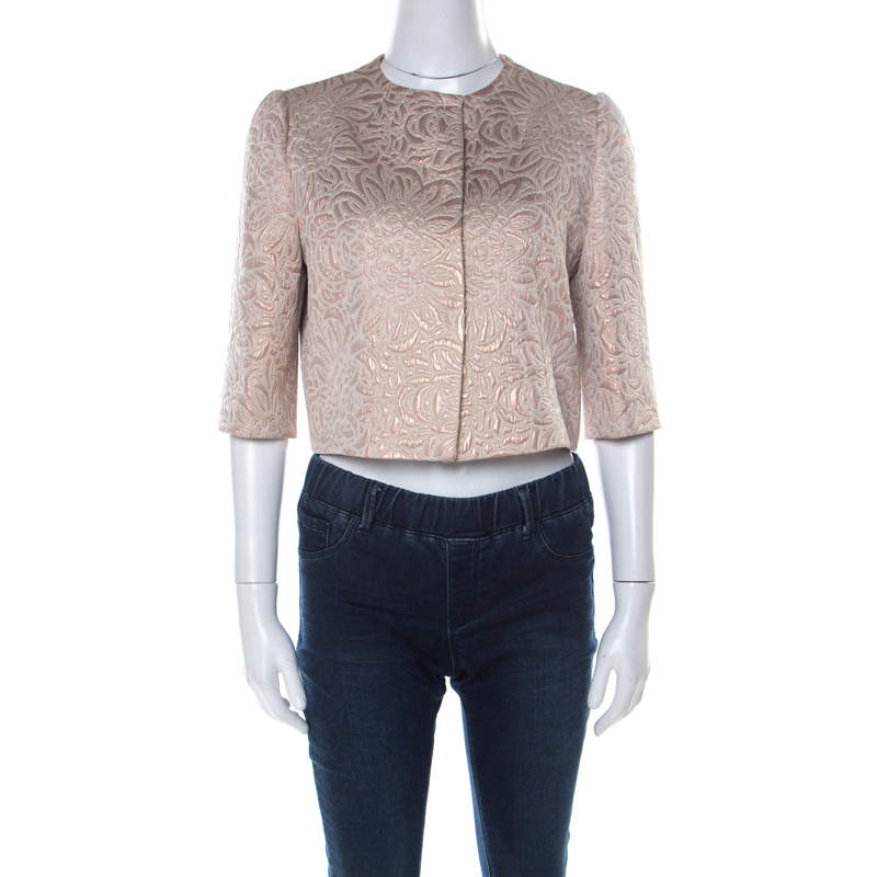 Max Mara Cream Lurex Floral Pattern Jacquard Cropped Jacket S 