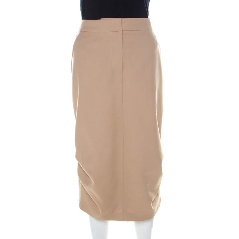Pre Owned Max Mara Beige Cotton Bottom Side Fold Detail Sheath Skirt L