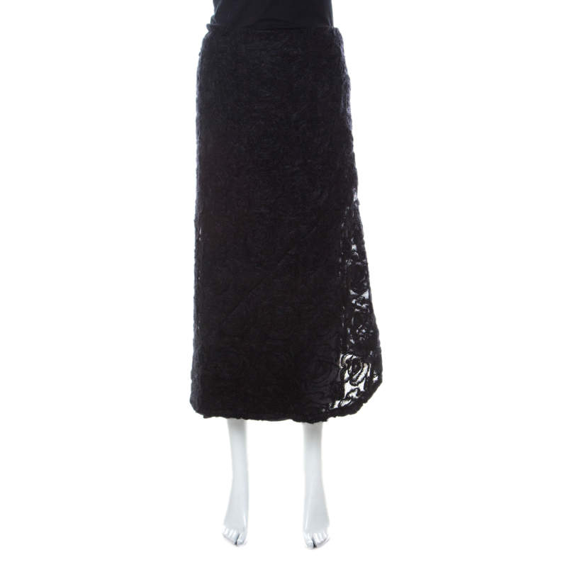 Pre Owned Max Mara Black Textured Wool Mid Length Wrap Skirt L