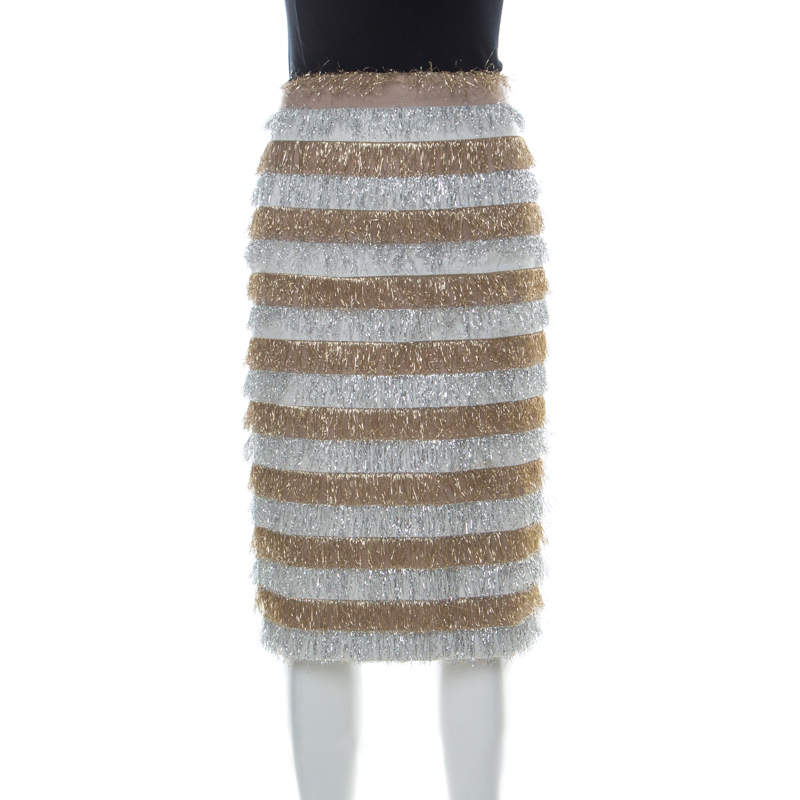 Pre Owned Max Mara Gold and Silver Metallic Fringed Crepe Gavetta Skirt S 