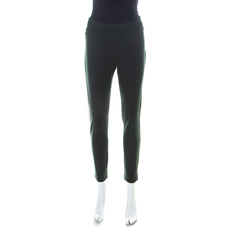 Max Mara Dark Green Patterned Knit Slim Fit Legging Trousers M