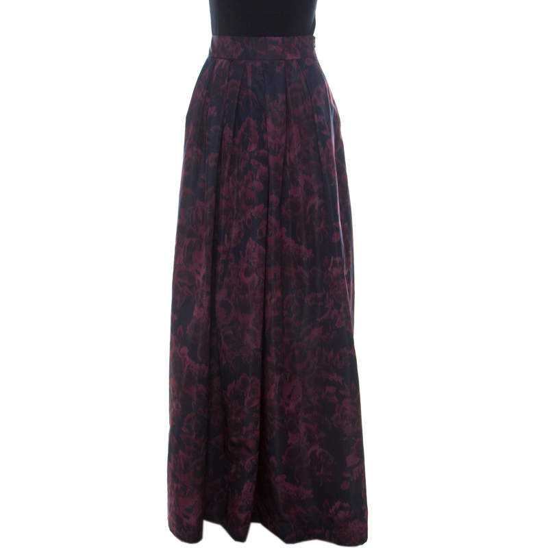 Pre Owned Max Mara Purple Printed Silk Maxi Skirt L