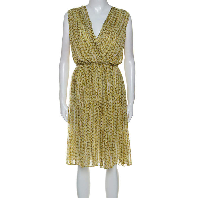 Pre Owned Max Mara Yellow Printed Silk Pleated Sleeveless Dress M
