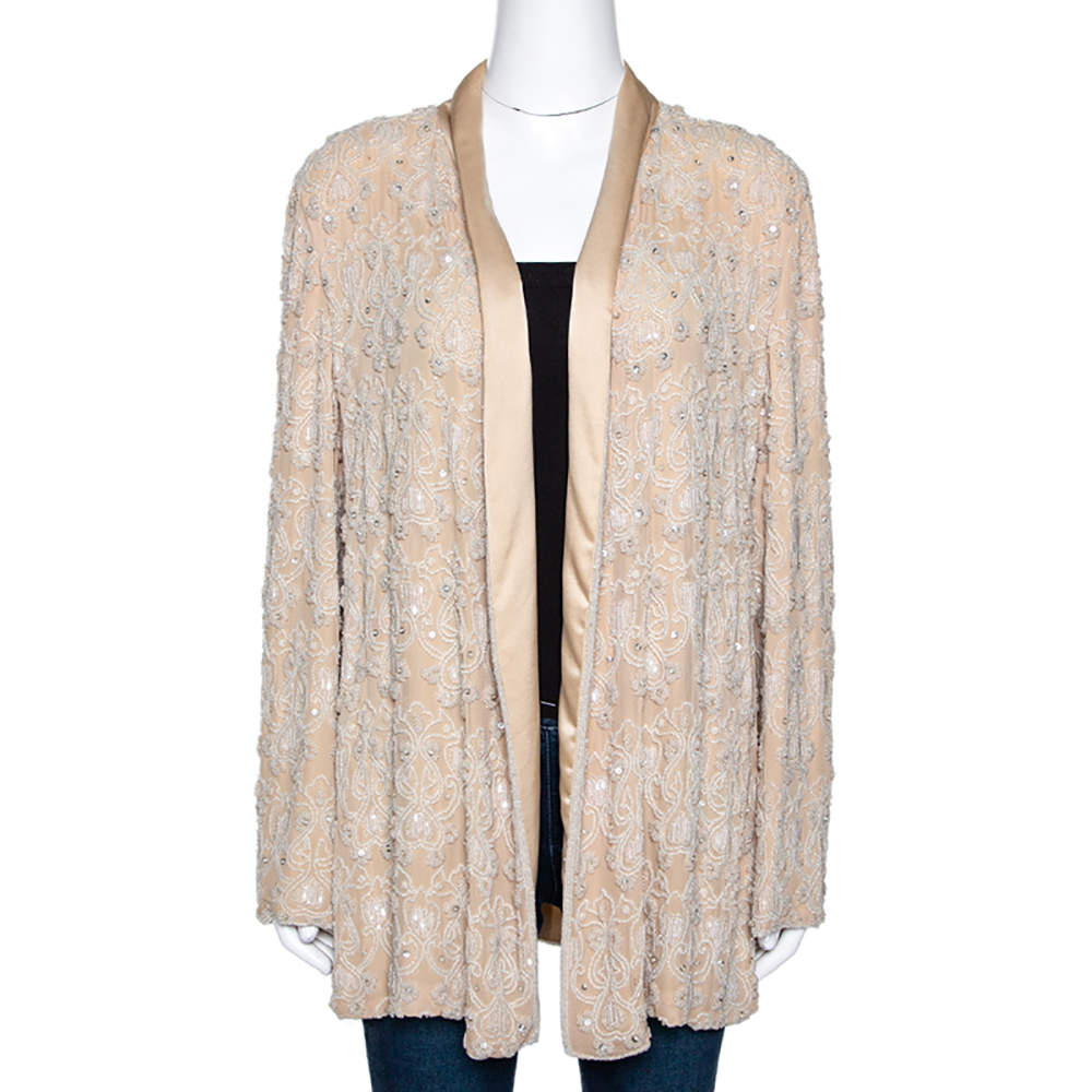 Pre Owned Max Mara Beige Silk Bead Embellished Jacket M