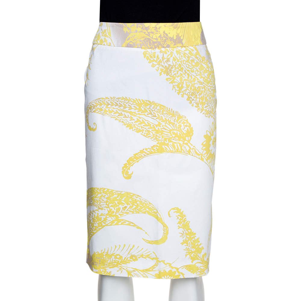 Pre Owned Max Mara Yellow Paisley Print Stretch Cotton Pencil Skirt M