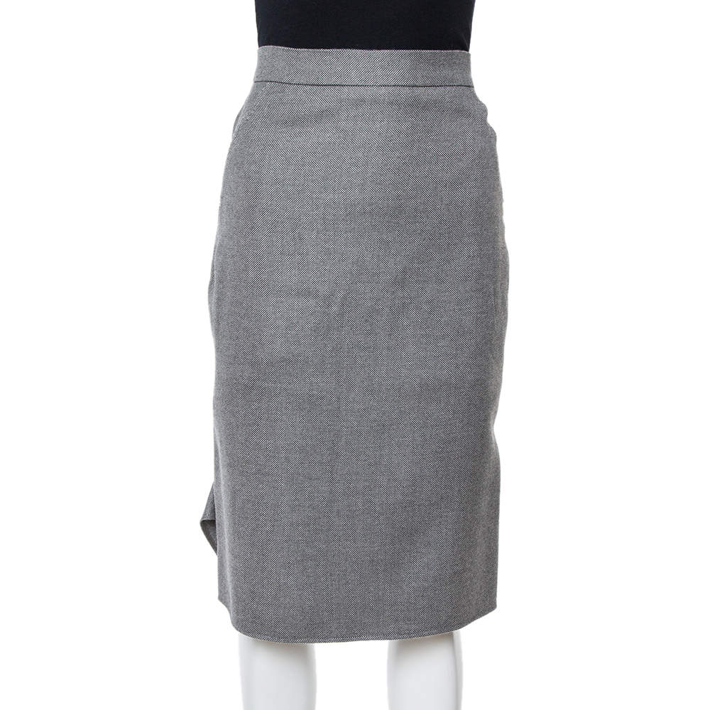 Pre Owned Max Mara Grey Wool Flared Back Detail Pencil Skirt M