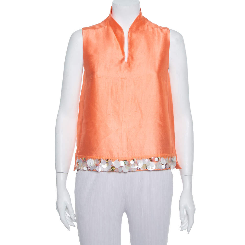 Pre Owned Max Mara Peach Silk Sequin Embellished Sleeveless Top S