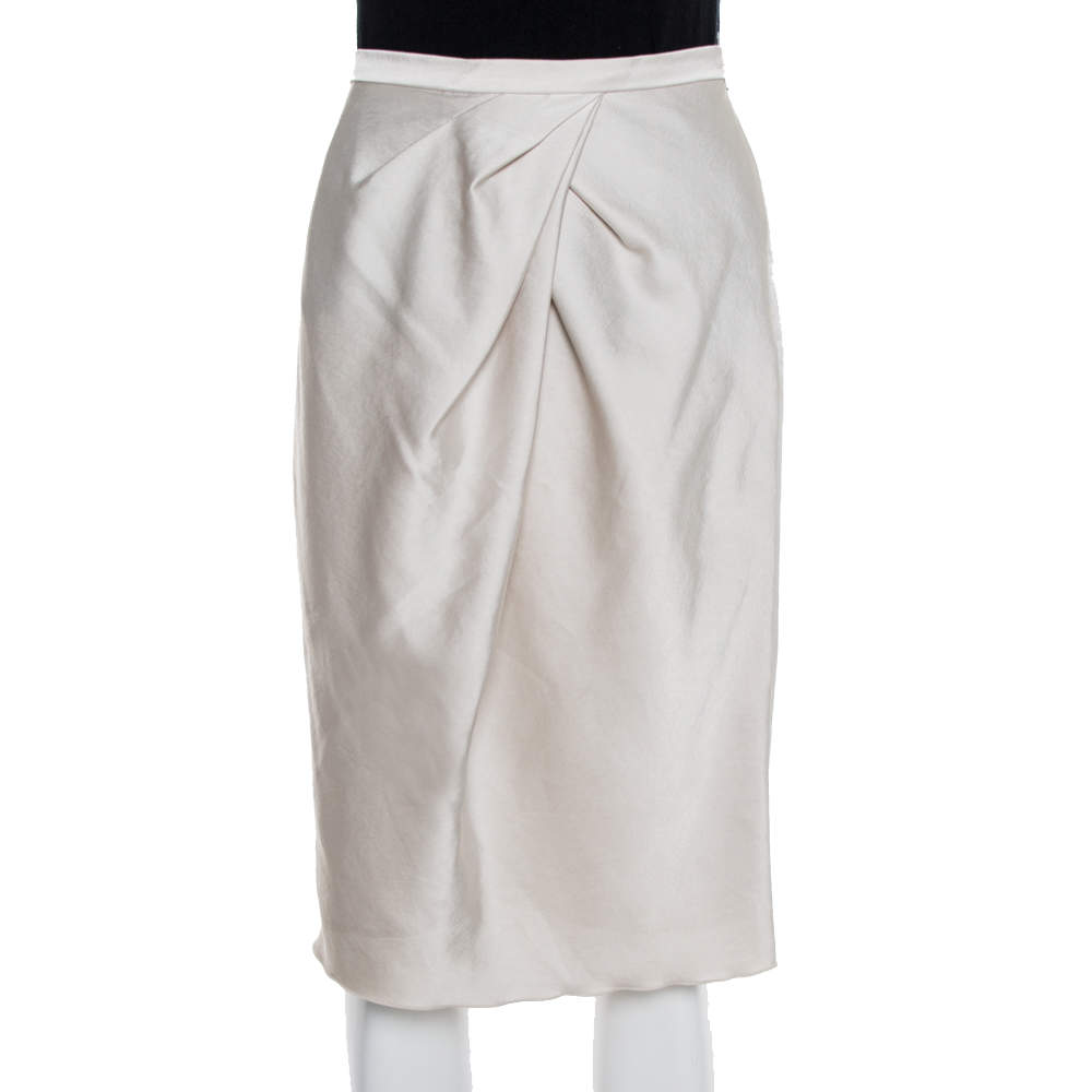 Max Mara Studio Cream Satin Pleated Detail Midi Skirt S
