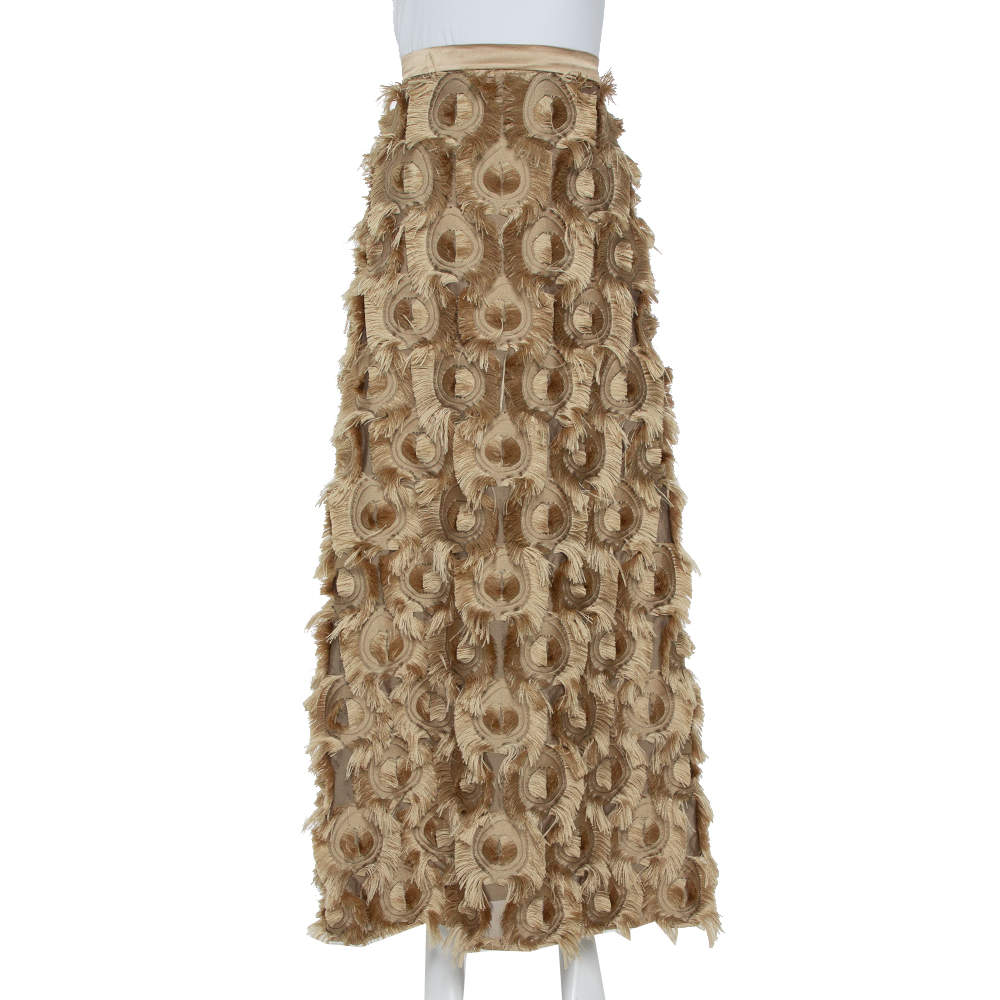 Pre Owned Max Mara Camel Brown Jacquard Ninfa fil coupé Maxi Skirt M