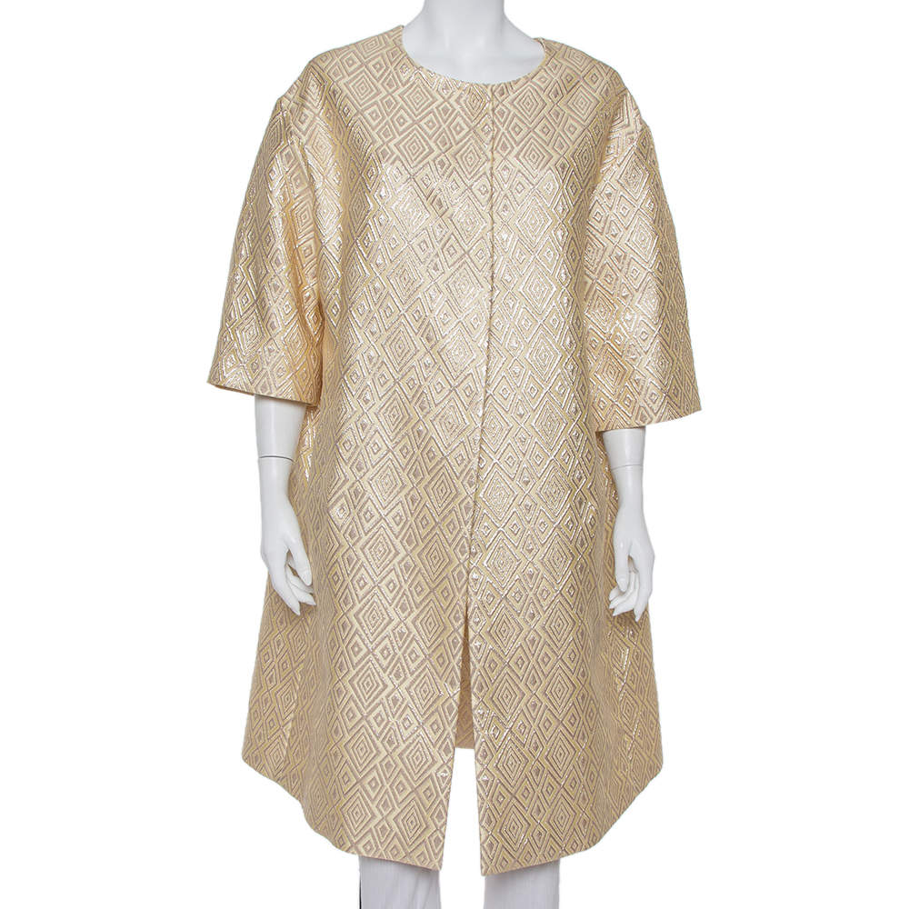 Max Mara Gold Brocade Button Front Mid Length Oversized Coat S