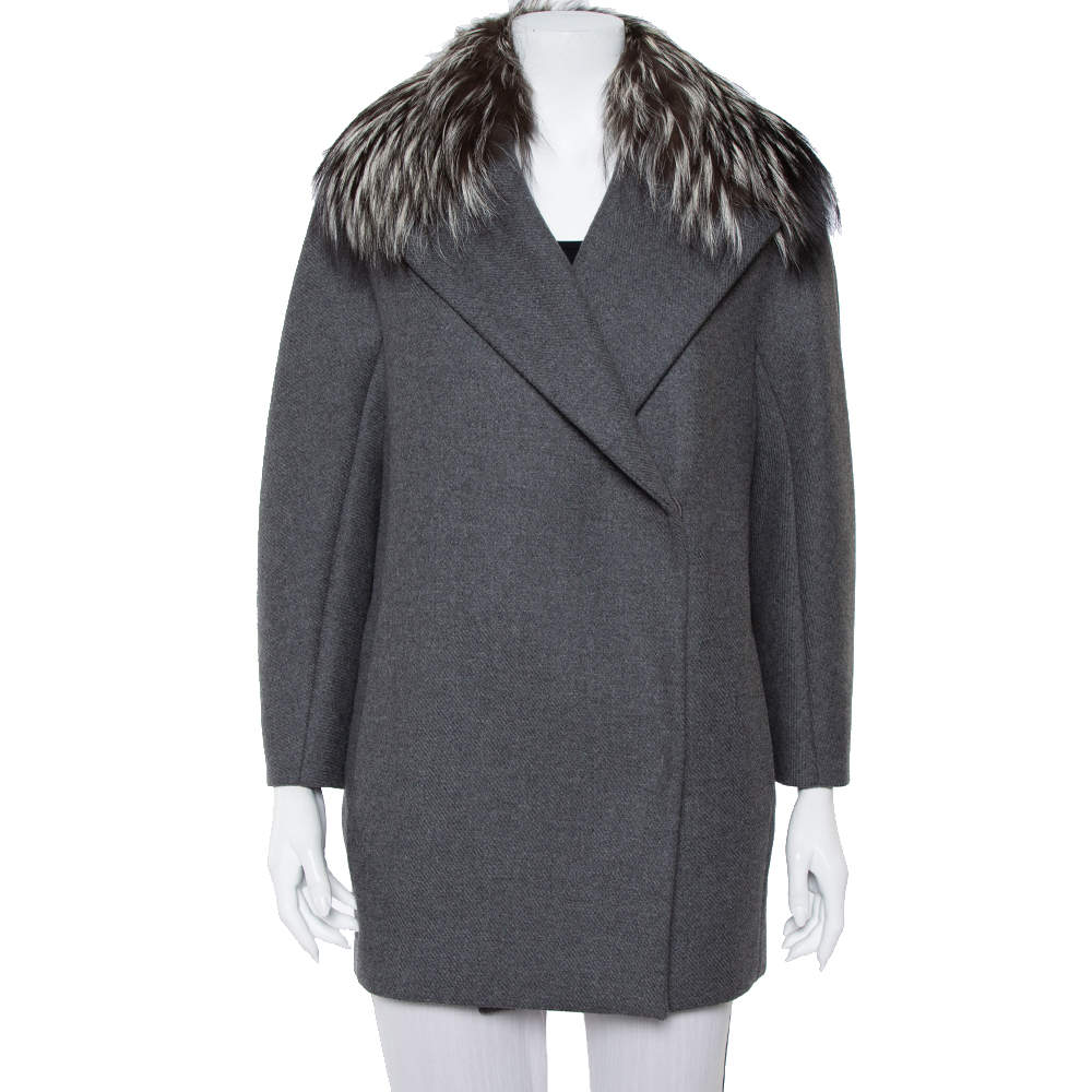 Max Mara Atelier Grey Collar Fur Lined Double Breasted Jacket S