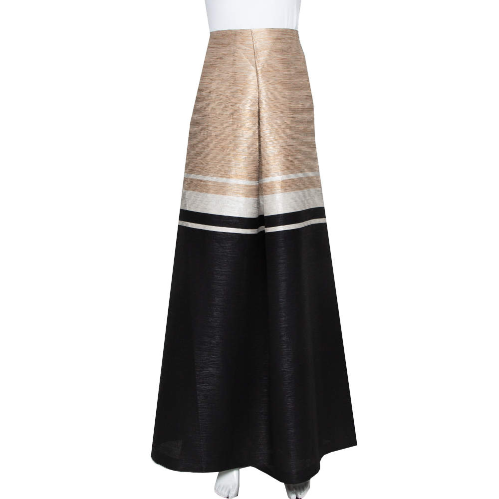 Pre Owned Max Mara Black & Beige Textured Cotton Tondo Maxi Skirt L