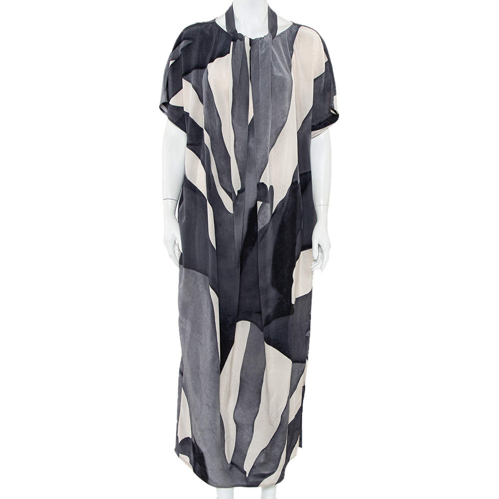Pre Owned Max Mara Grey Abstract printed Silk Draped Neck Maxi Dress M