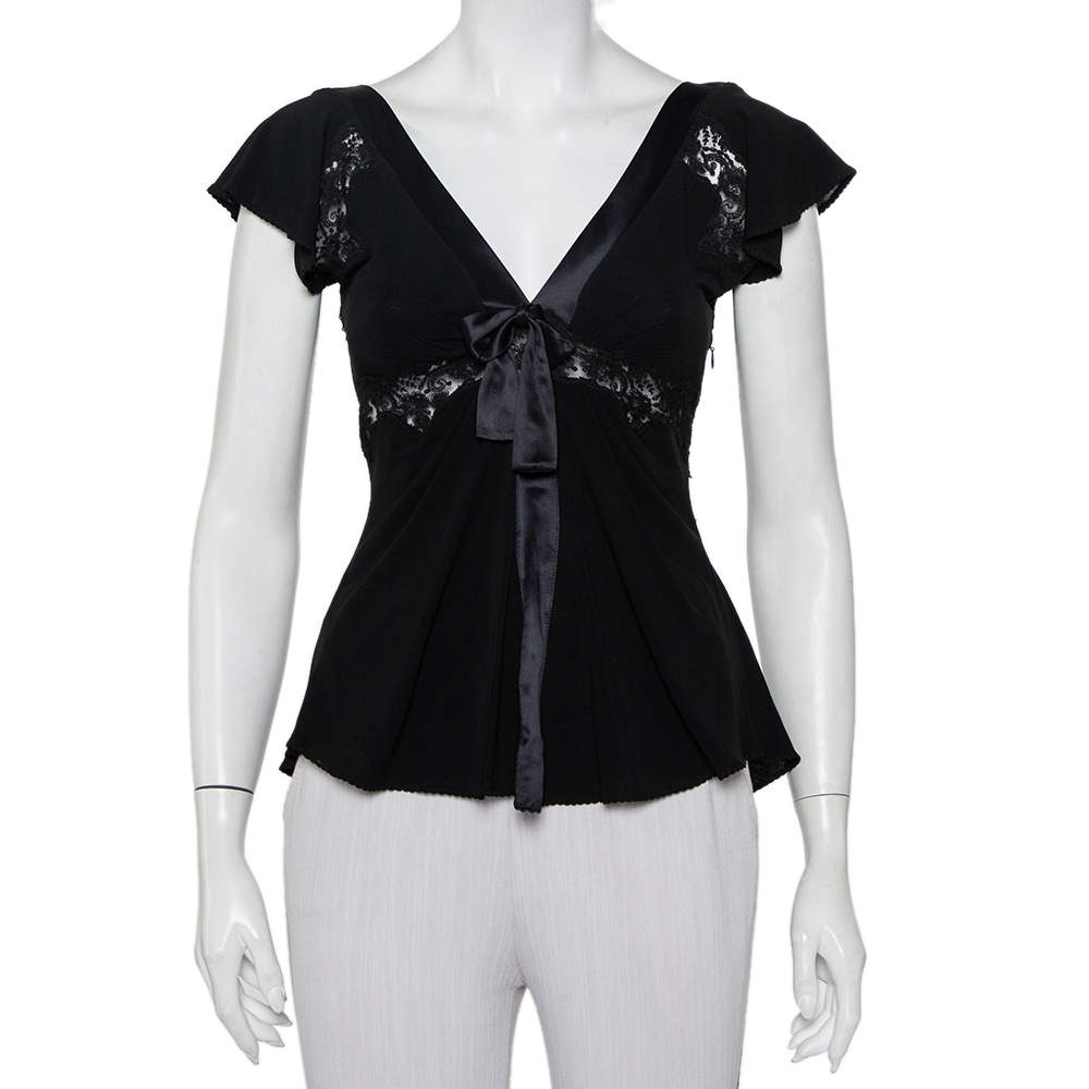 Pre Owned Max Mara Black Knit & Lace Trim Bow Detail Top S