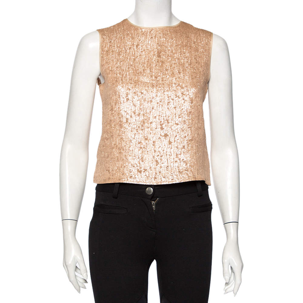 Pre Owned Max Mara Beige Lamé Sleeveless Top S