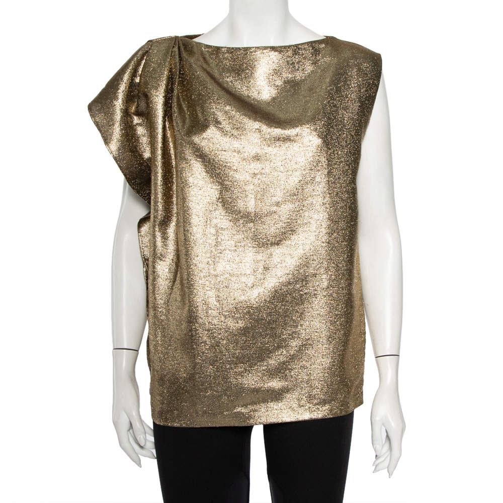 Max Mara Gold Lame Pleated Shoulder Detail Sleeveless Top M 