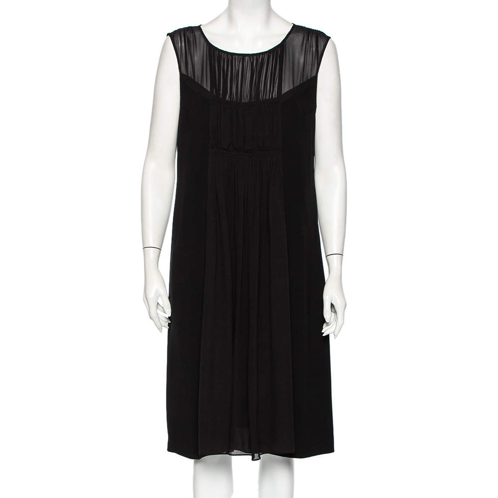 Pre Owned Max Mara Studio Black Crepe & Chiffon Paneled Sleeveless Midi Dress L