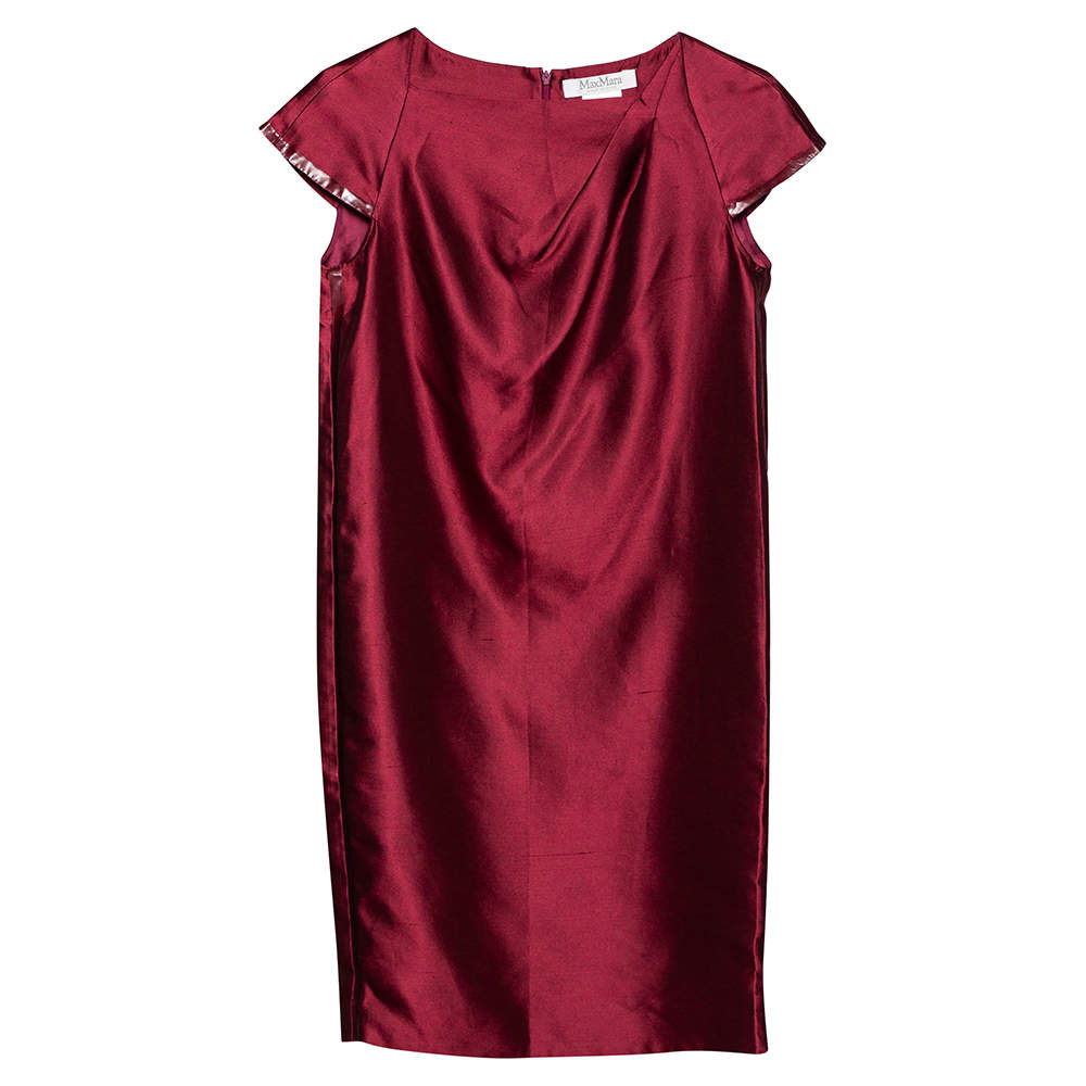 Pre Owned Max Mara Burgundy Silk & Cotton Shift Dress S