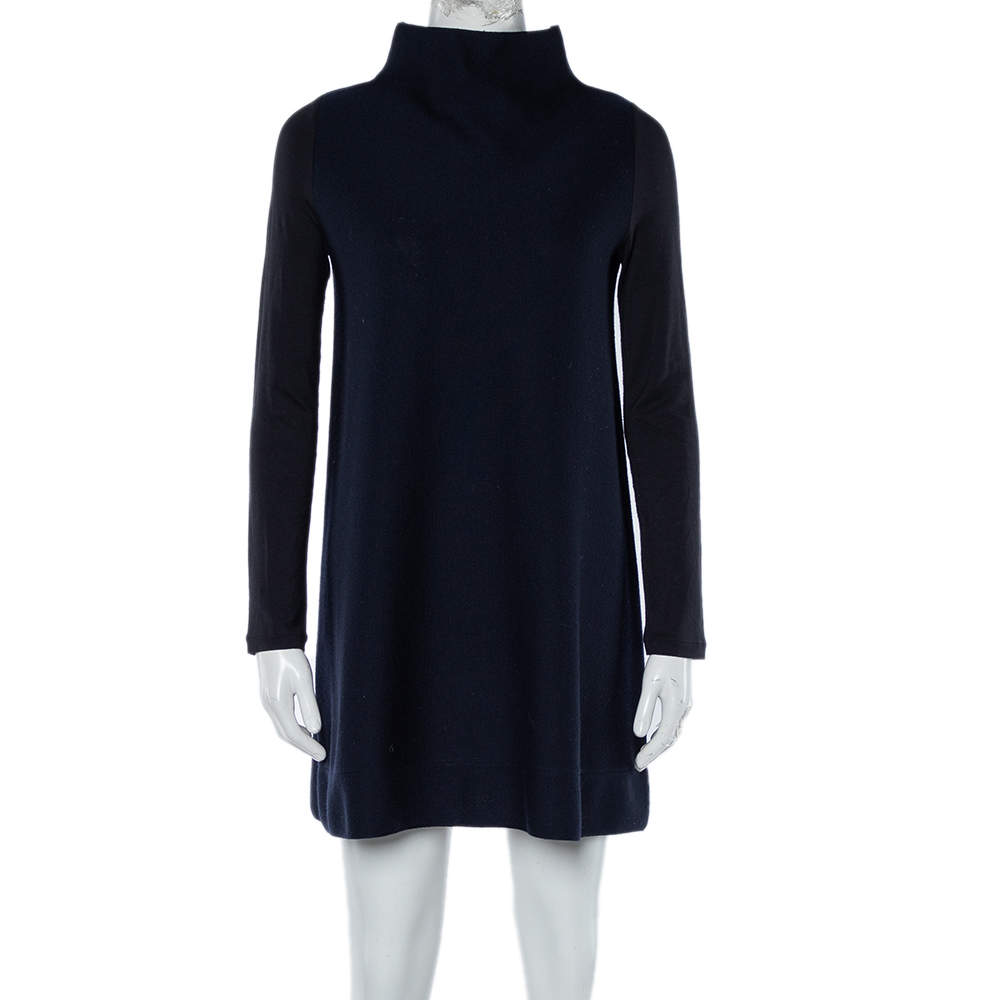 Pre Owned Max Mara Navy Blue Knit Contrast Sleeve Detail High Neck Shift Dress S