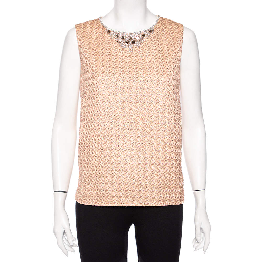 Max Mara Peach Patterned Crepe Embellished Neckline Detail Top L 