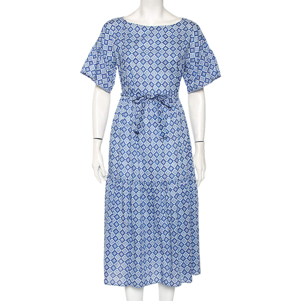 Pre Owned Weekend Max Mara Blue Mosaic Print Cotton Pleated Hem Detail Long Dress L