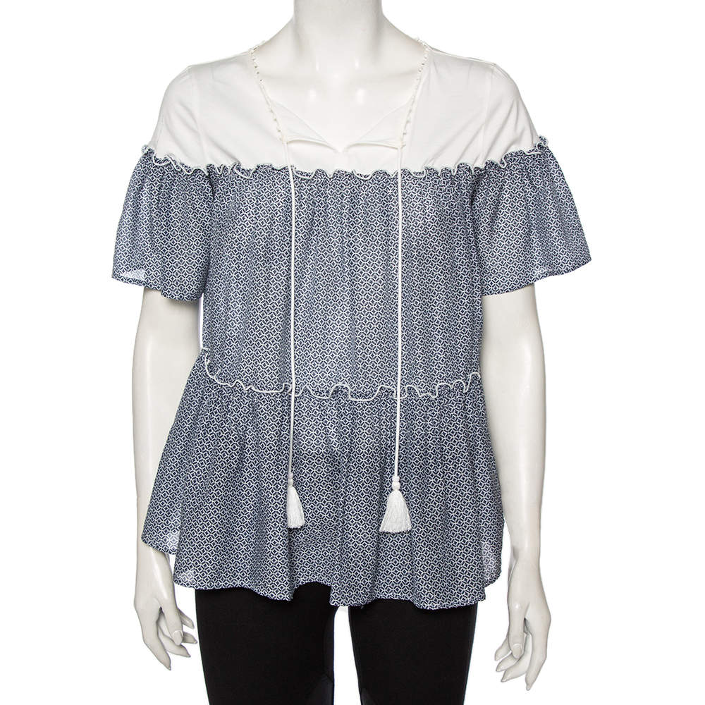 Pre Owned Max Mara Blue Printed Cotton Tie Neck Detail Tunic M