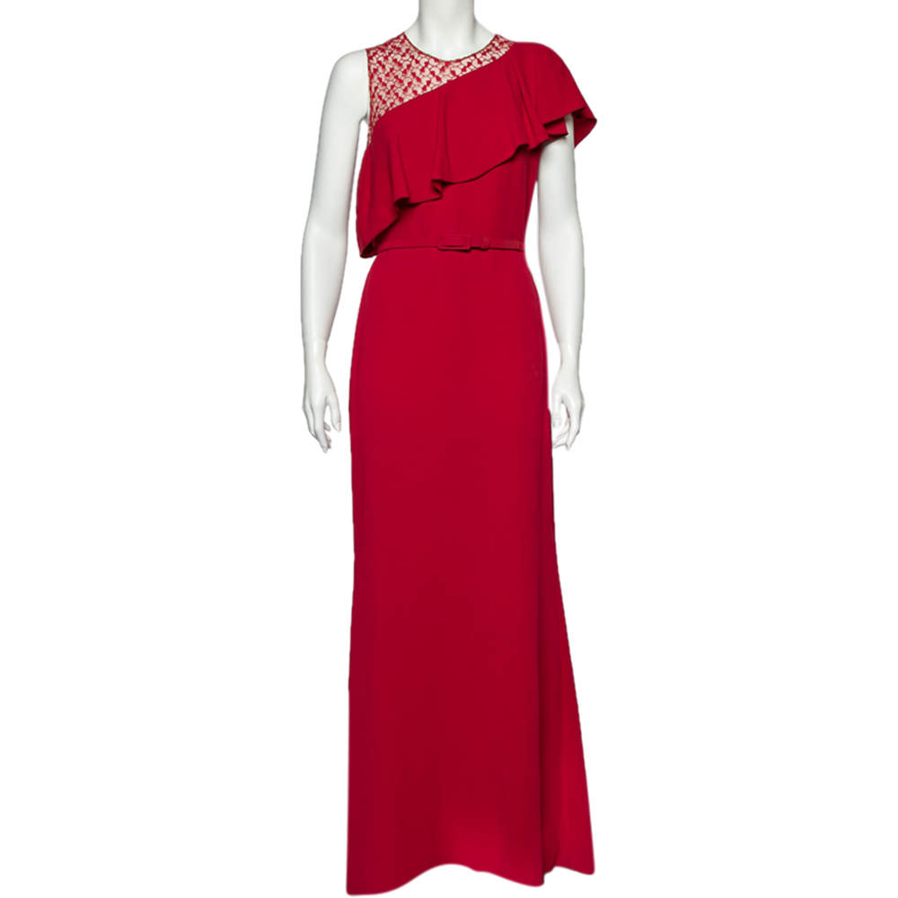 Pre Owned Max Mara Red Crepe & Lace Trim Ruffle Detail Maxi Dress M
