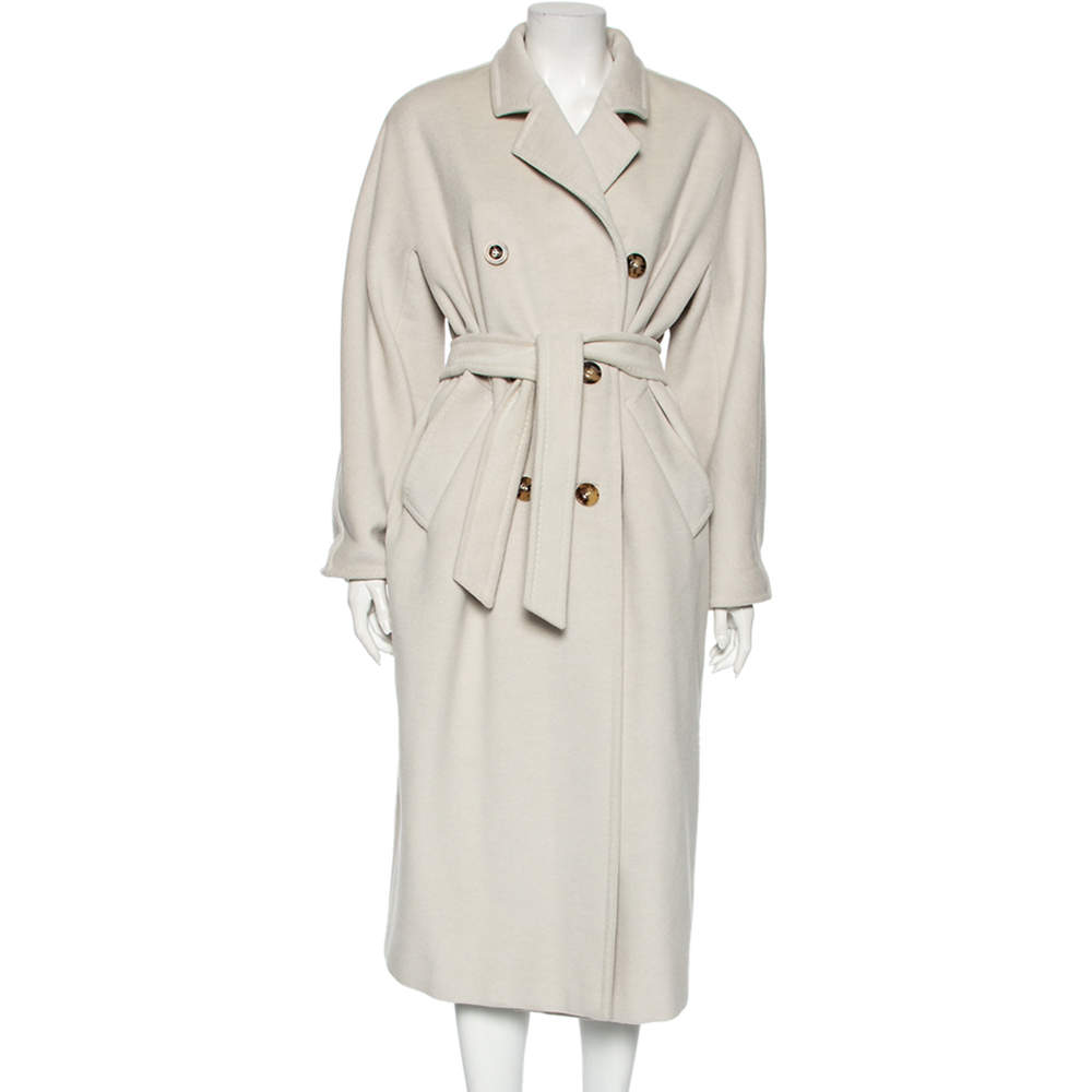 Pre Owned Max Mara Off-White Wool Buttoned Beaver Long Coat M 