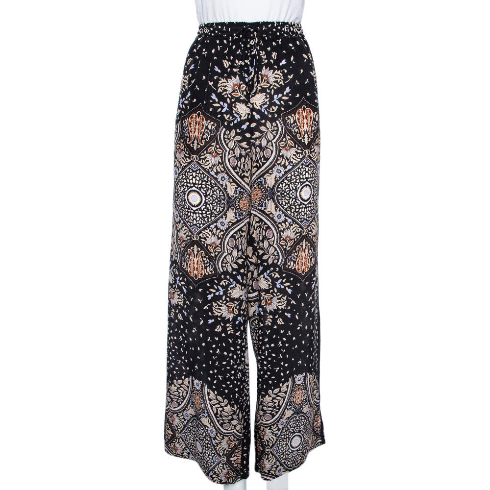 Pre Owned Max Mara Studio Black Printed Silk Elasticized Waist Wide Leg Pants L