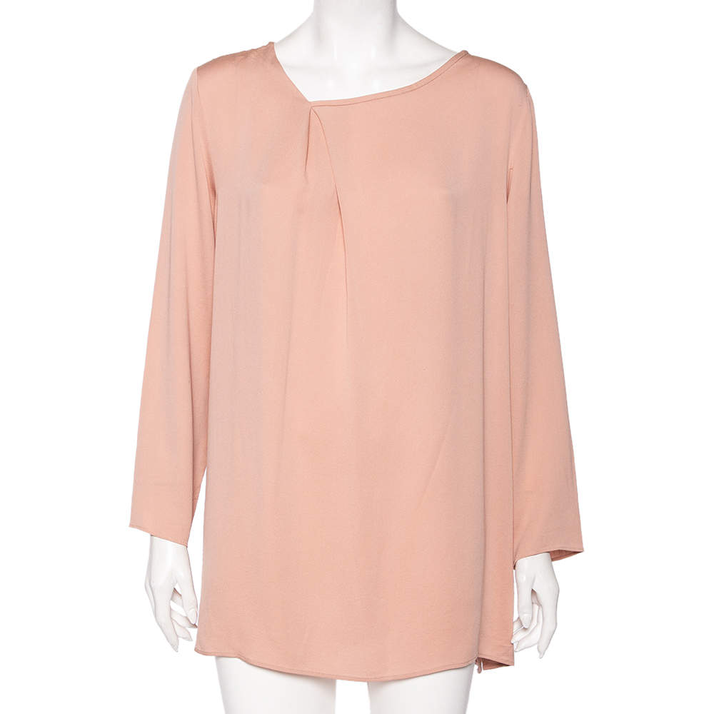 Pre Owned Max Mara Dusky Pink Silk Asymmetric Neck Detail Blouse L