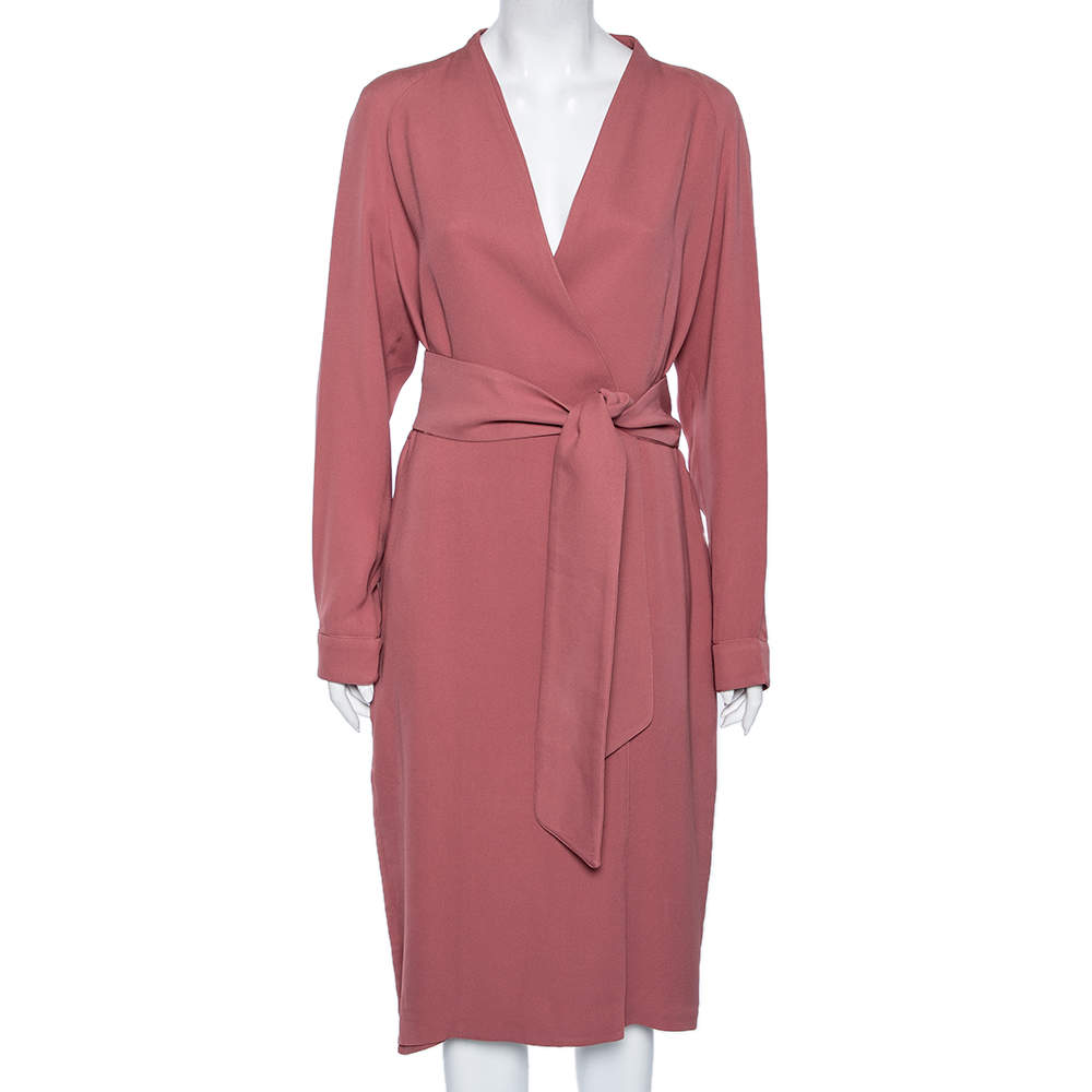 Pre Owned Max Mara Dusty Pink Silk Faux Wrap Belted Robe Dress L