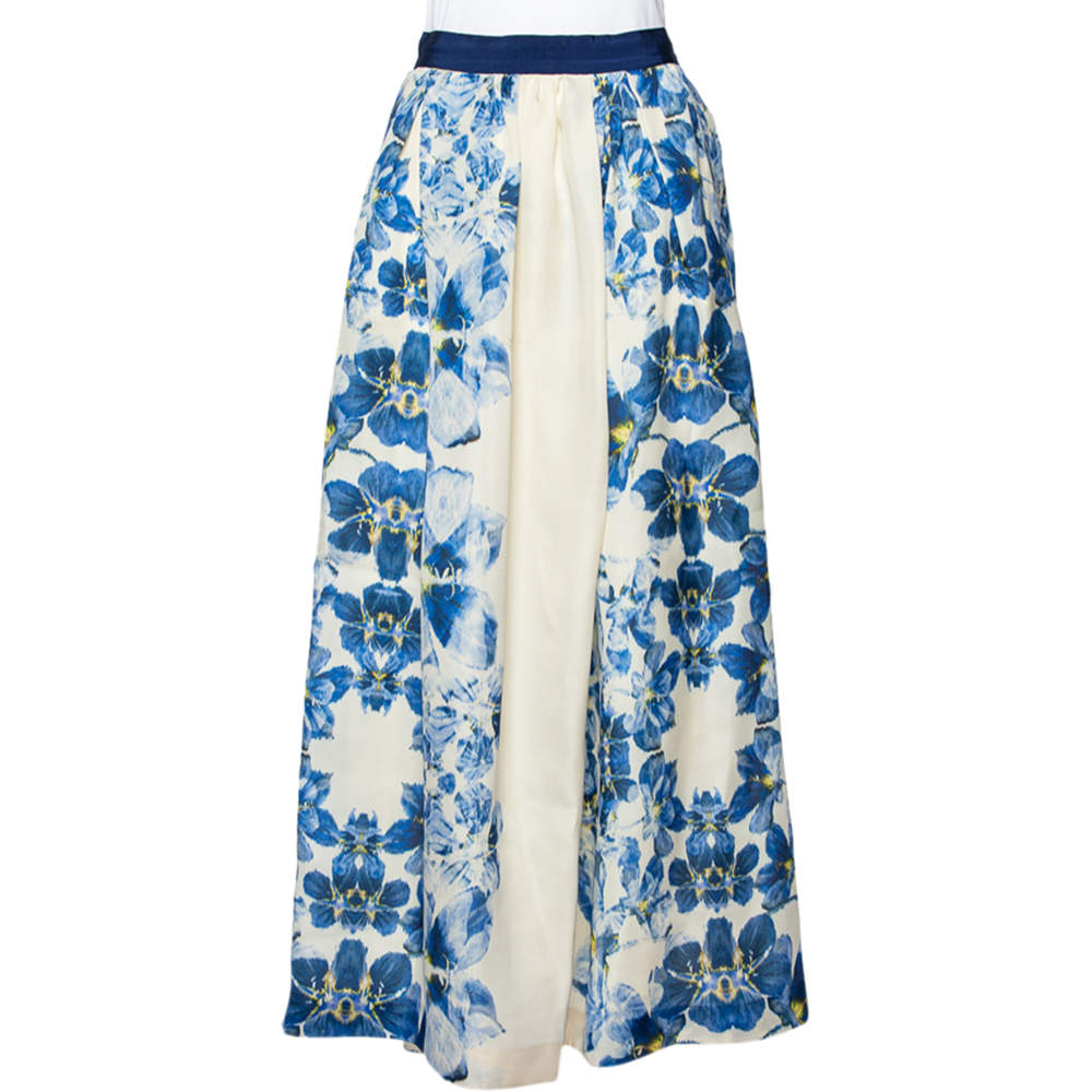 Pre Owned Max Mara White & Blue Floral Print Silk Maxi Skirt S