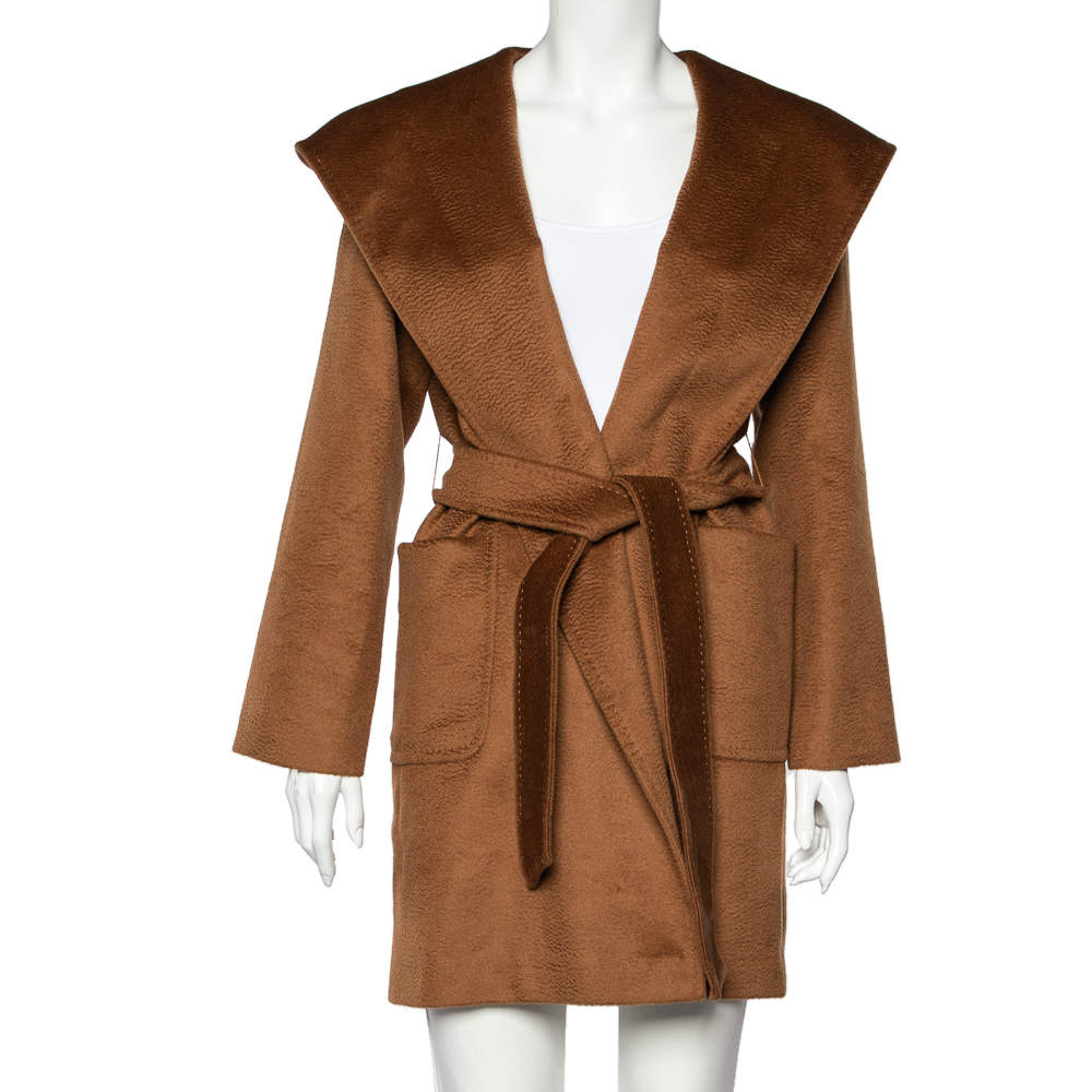 Pre Owned Max Mara Brown Camel Hair Belted Hooded Rialto Coat S