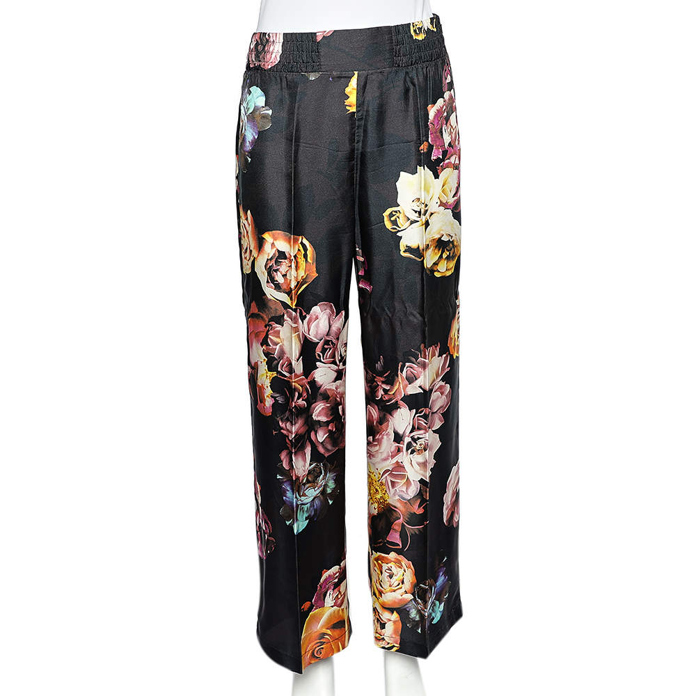 Pre Owned Max Mara Black Floral Print Silk Ponera Trousers M