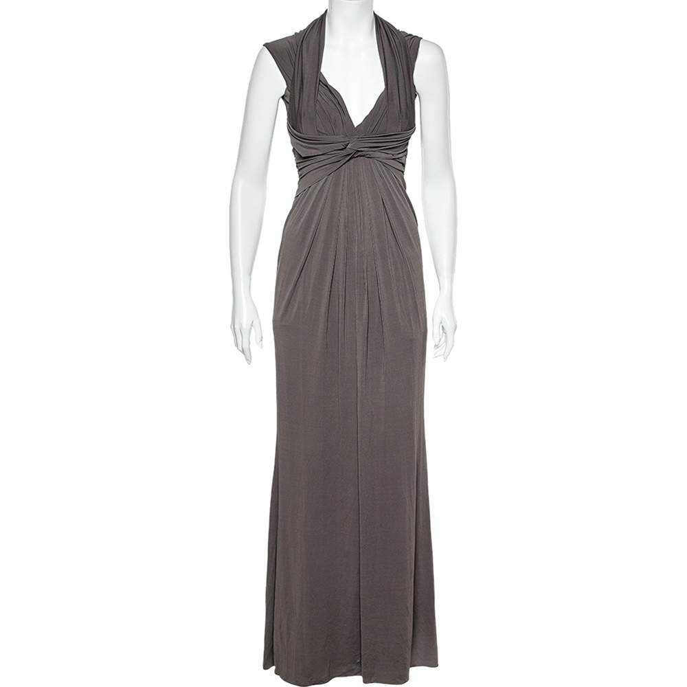 Pre Owned Max Mara Grey Jersey Ruched Maxi Dress S