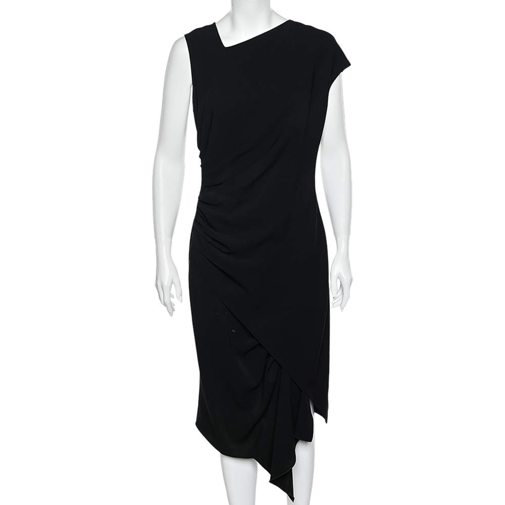 Pre Owned Max Mara Black Crepe Draped Detail Sleeveless Midi Dress L