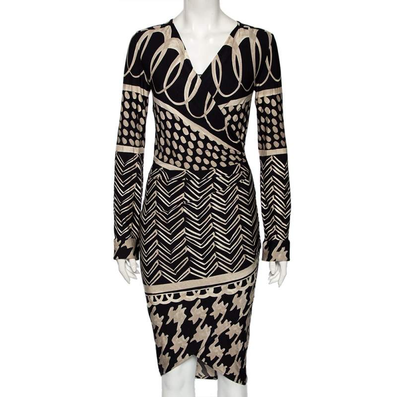 Pre Owned Max Mara Monochrome Printed Jersey Long Sleeve Draped Dress M