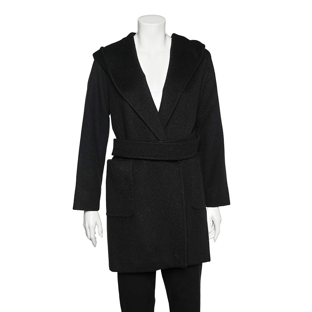 Pre Owned Max Mara Black Camel Hair Hooded Belted Coat S