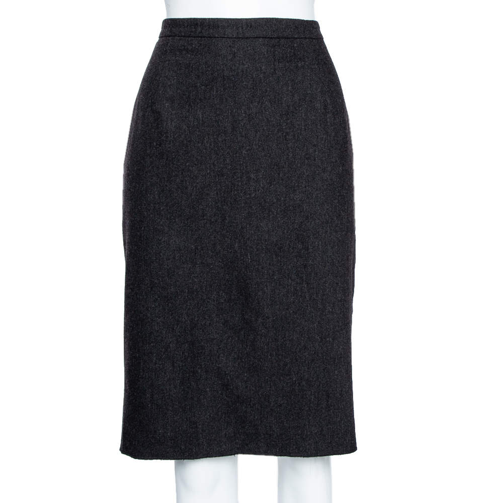 Max Mara Grey Wool Pleat Detailed Knee Length Skirt S