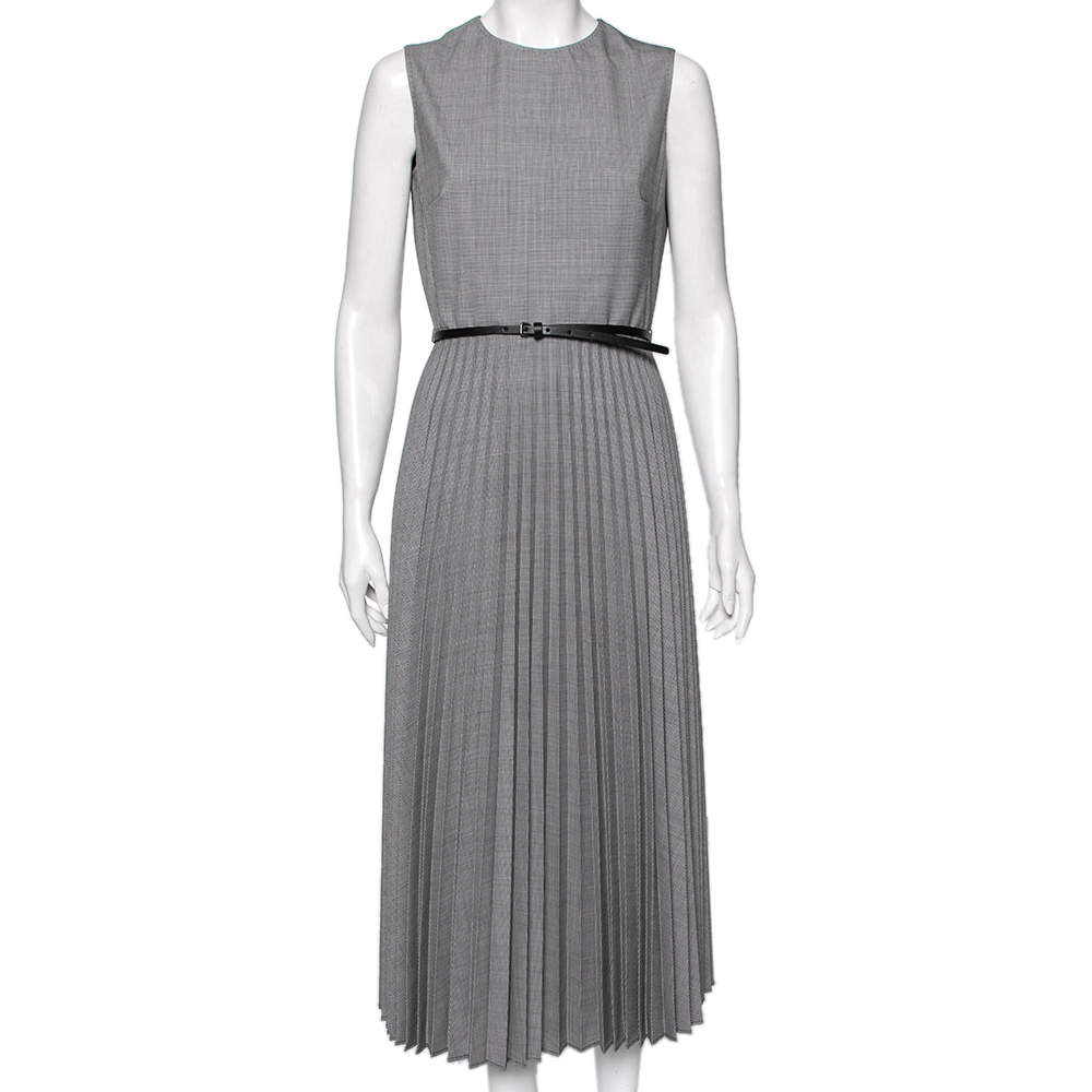 Max Mara Grey Micro Houndstooth Patterned Wool Arielle Belted Dress M