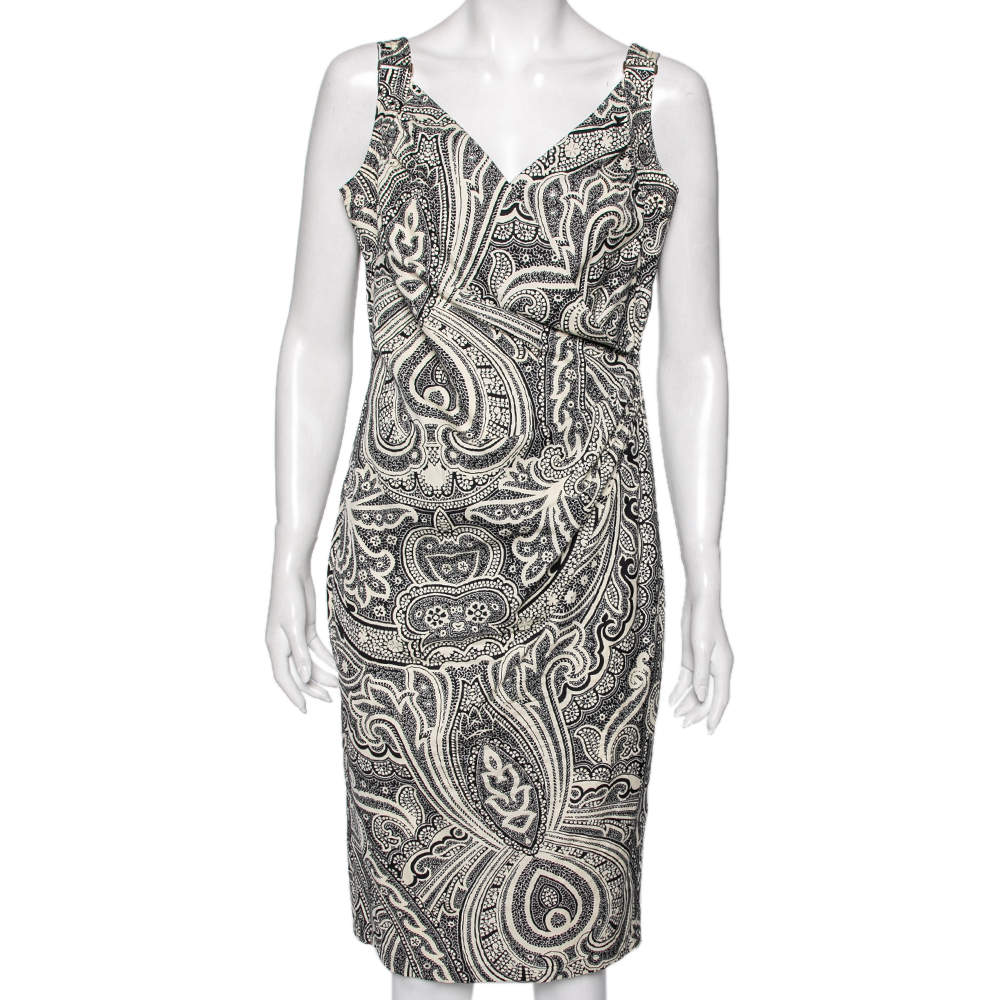 Pre Owned Max Mara Monochrome Paisley Printed Cotton Draped Detail Dress M