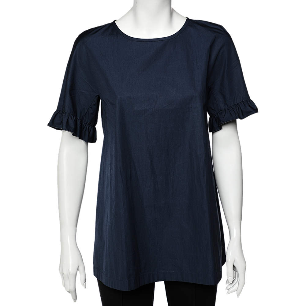 Max Mara Navy Blue Cotton Ruffled Sleeve Top M