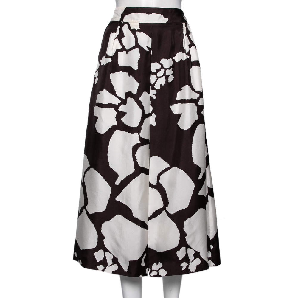 Pre Owned Max Mara White and Brown Printed Silk Midi Skirt S