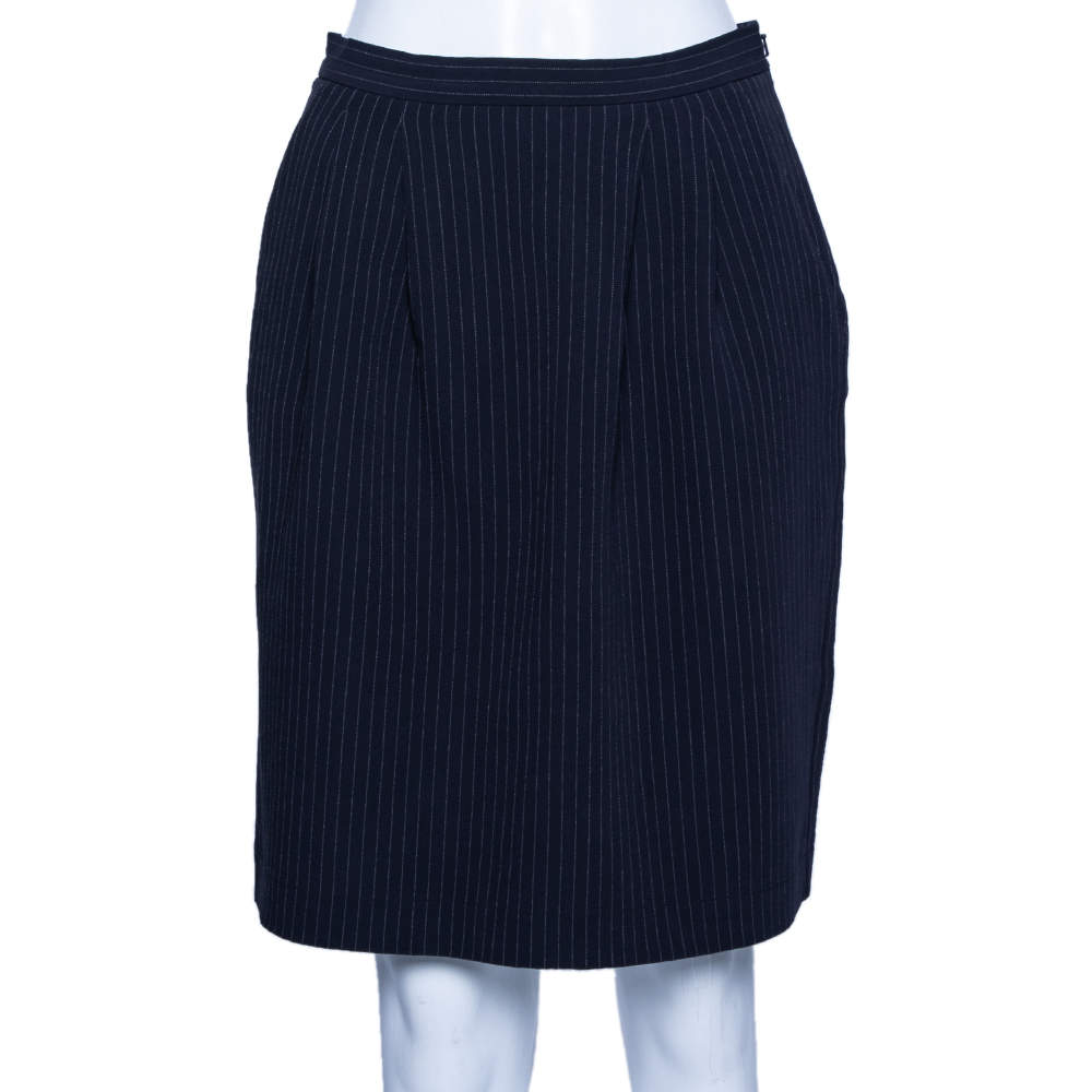 Pre Owned Max Mara Navy Blue Pinstriped Crepe Mini Skirt S