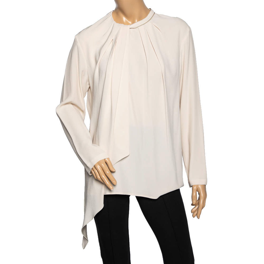 Pre Owned Max Mara Cream Silk Overlay Pleated Yoke Detail Blouse L