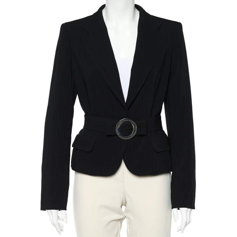 Max Mara Black Striped Crepe Belted Button Front Blazer M