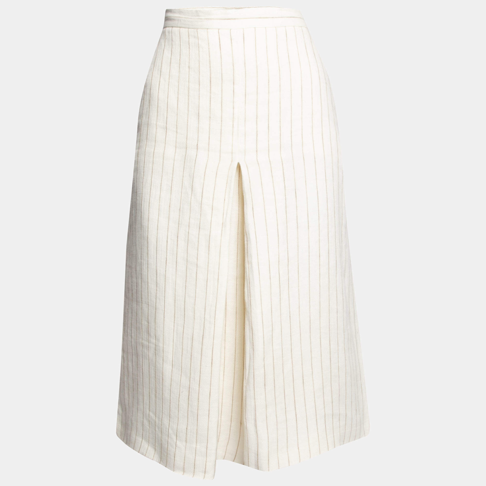 Pre Owned Max Mara Cream Striped Linen Pleat Detail Wide Leg Culottes M