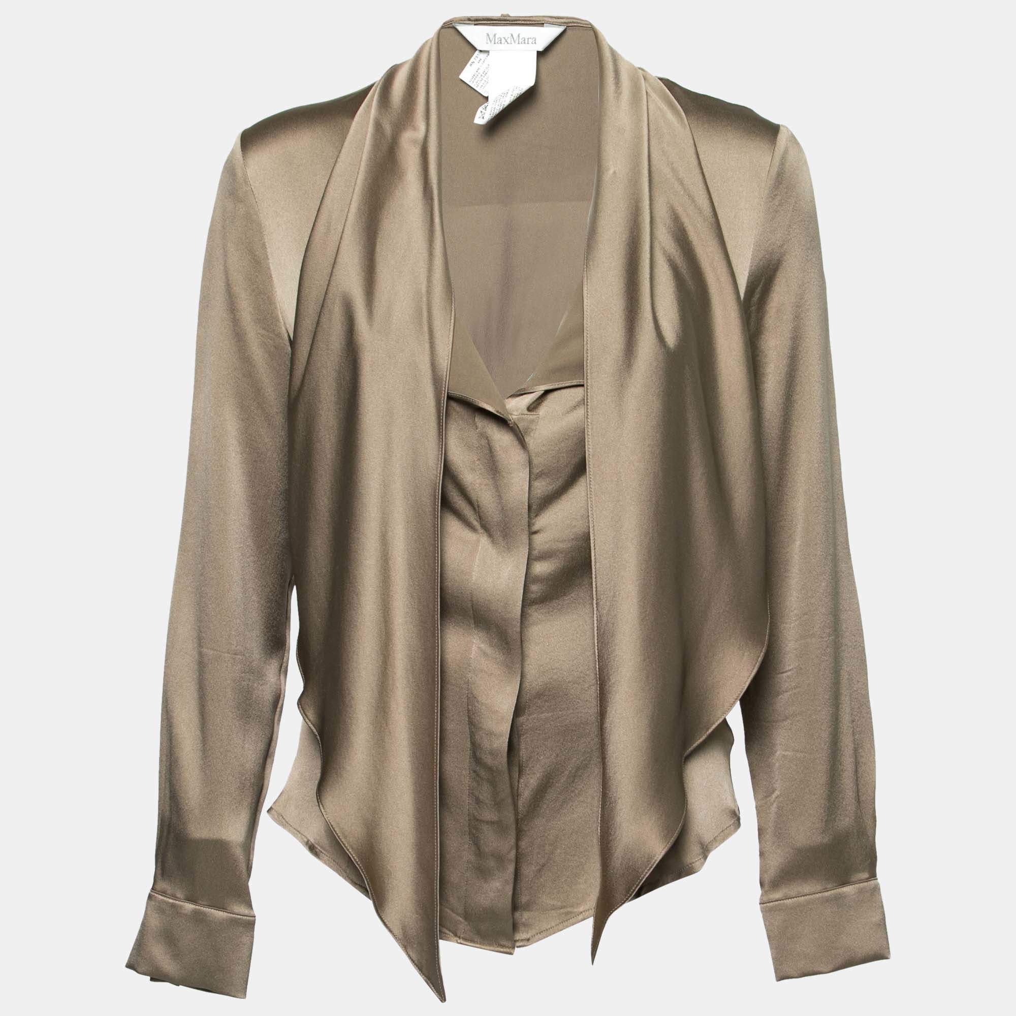 Pre Owned Max Mara Brown Silk Satin Neck Tie Detail Button Front Shirt S