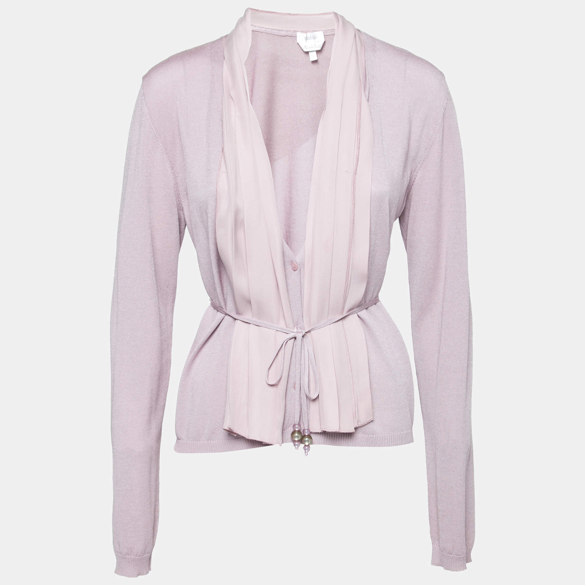 Pre Owned Max Mara Lilac Knit & Silk Paneled Belted Button Front Cardigan L